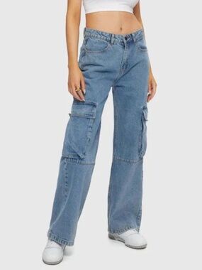 KUWALLA LOW RISE WIDE LEG CARGO DENIM JEANS SZ.24